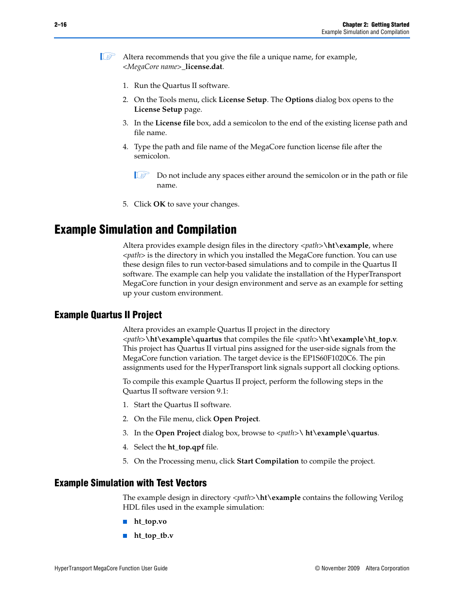 Example simulation and compilation, Example quartus ii project, Example simulation with test vectors | Example simulation and compilation –16, R to, Example | Altera HyperTransport MegaCore Function User Manual | Page 24 / 76