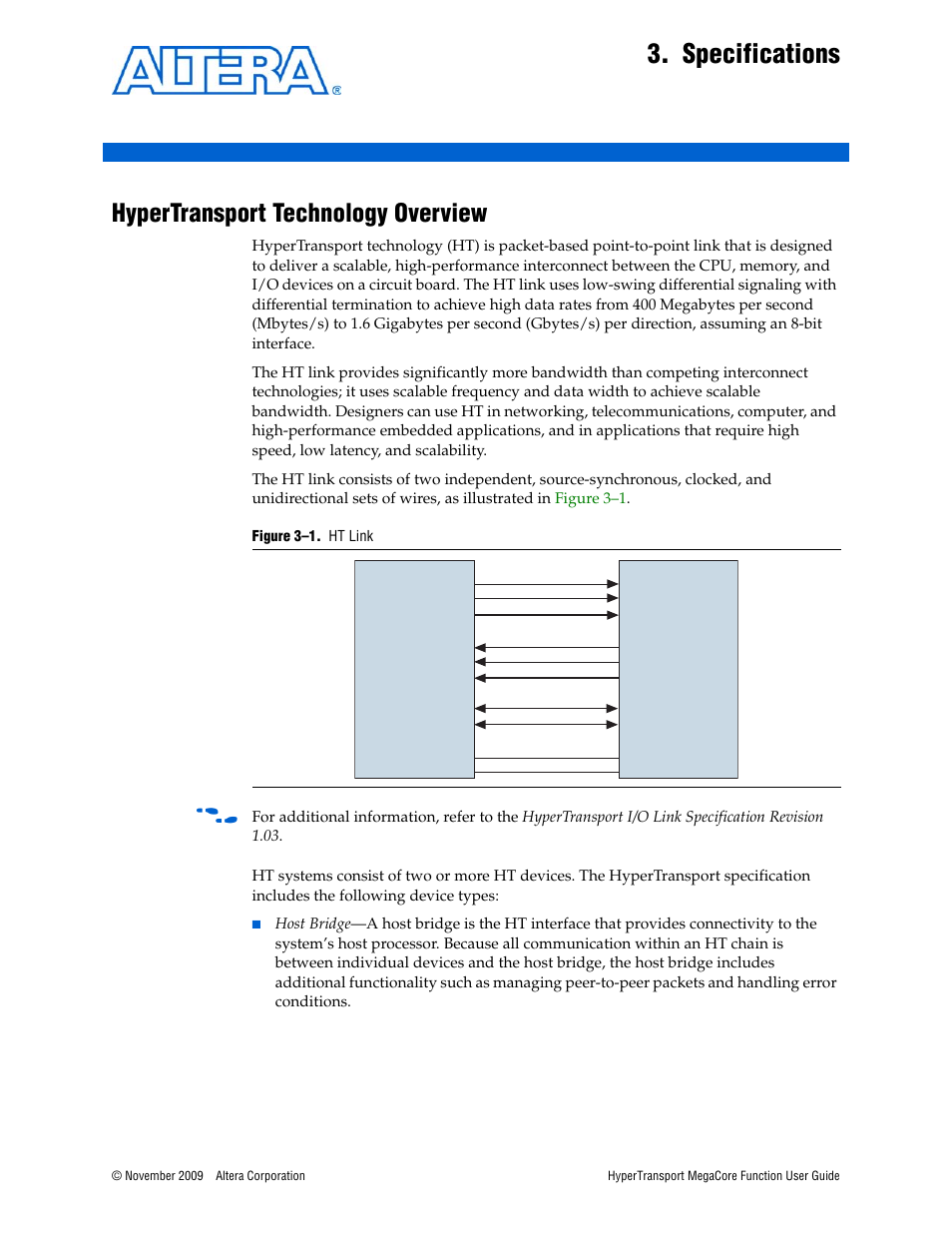 Specifications, Hypertransport technology overview, Chapter 3. specifications | Hypertransport technology overview –1 | Altera HyperTransport MegaCore Function User Manual | Page 27 / 76