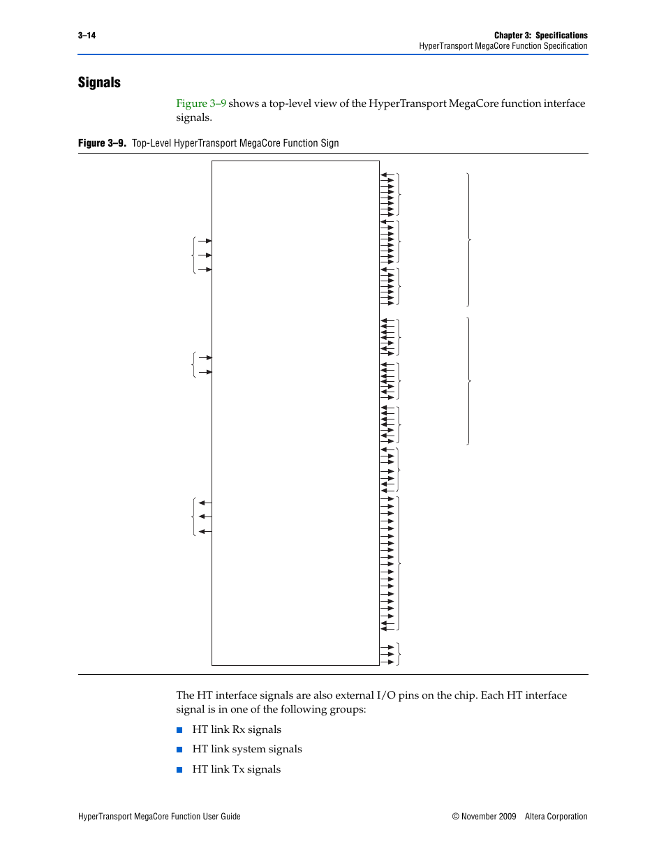 Signals, Signals –14, Ht link rx signals | Ht link system signals, Ht link tx signals | Altera HyperTransport MegaCore Function User Manual | Page 40 / 76