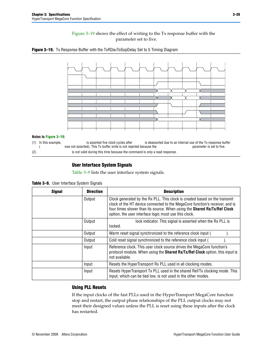 User interface system signals, Using pll resets | Altera HyperTransport MegaCore Function User Manual | Page 55 / 76