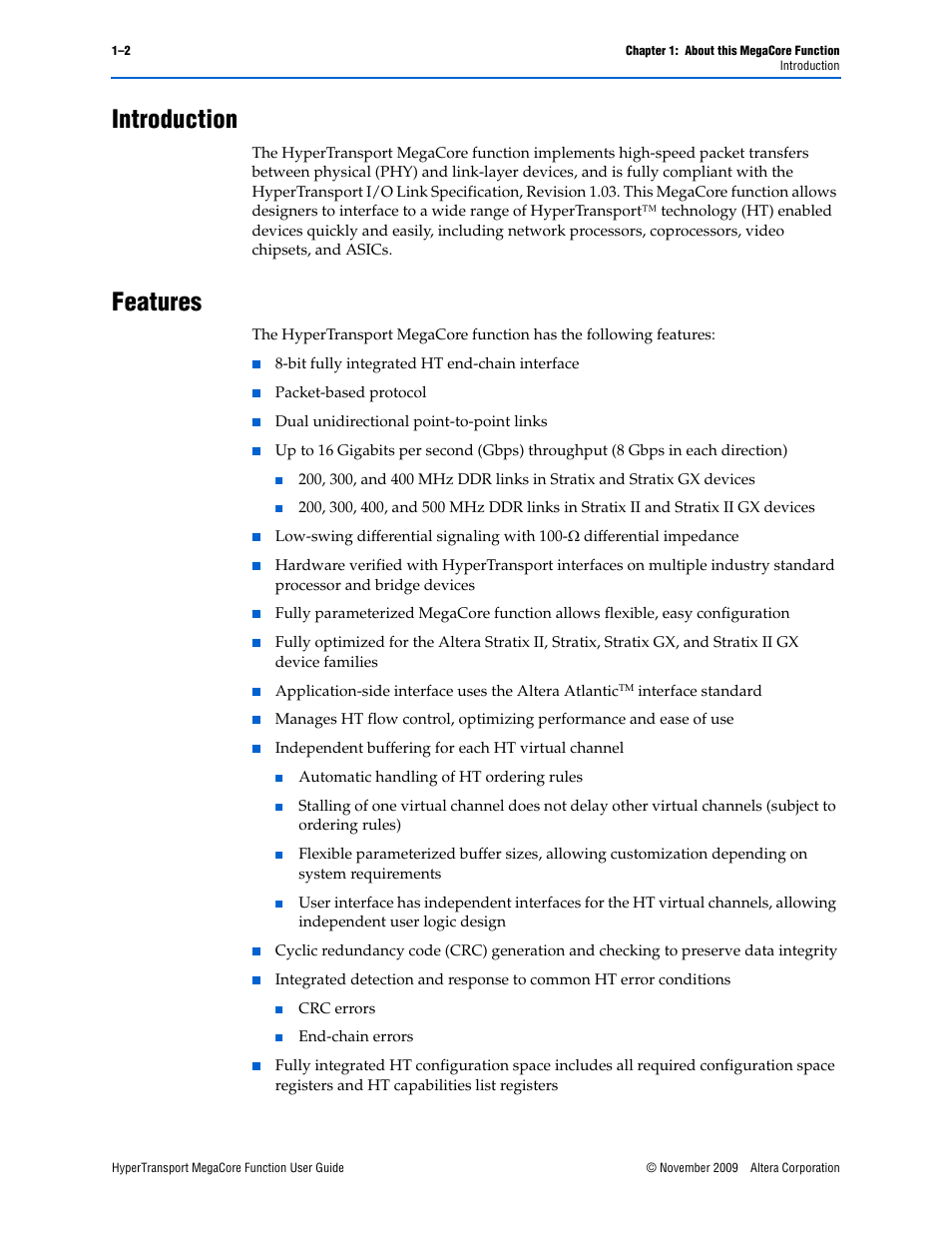 Introduction, Features, Introduction –2 features –2 | Altera HyperTransport MegaCore Function User Manual | Page 6 / 76