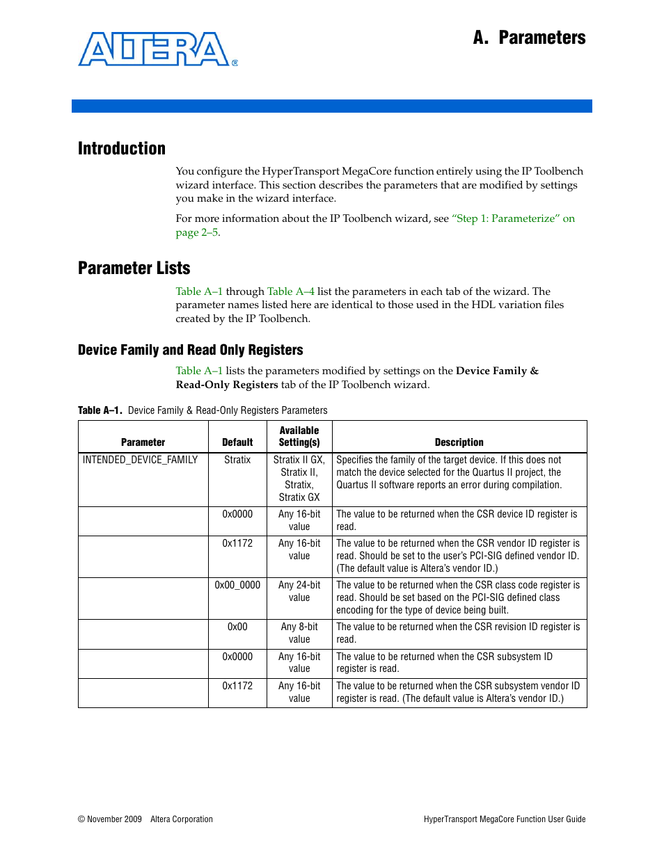 A. parameters, Introduction, Parameter lists | Device family and read only registers, Appendix a. parameters, Table a–1 on | Altera HyperTransport MegaCore Function User Manual | Page 67 / 76