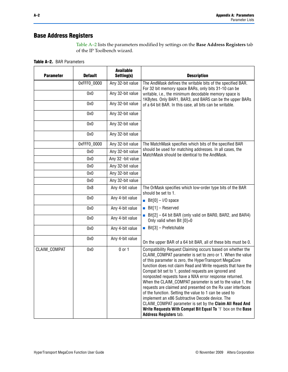 Base address registers | Altera HyperTransport MegaCore Function User Manual | Page 68 / 76