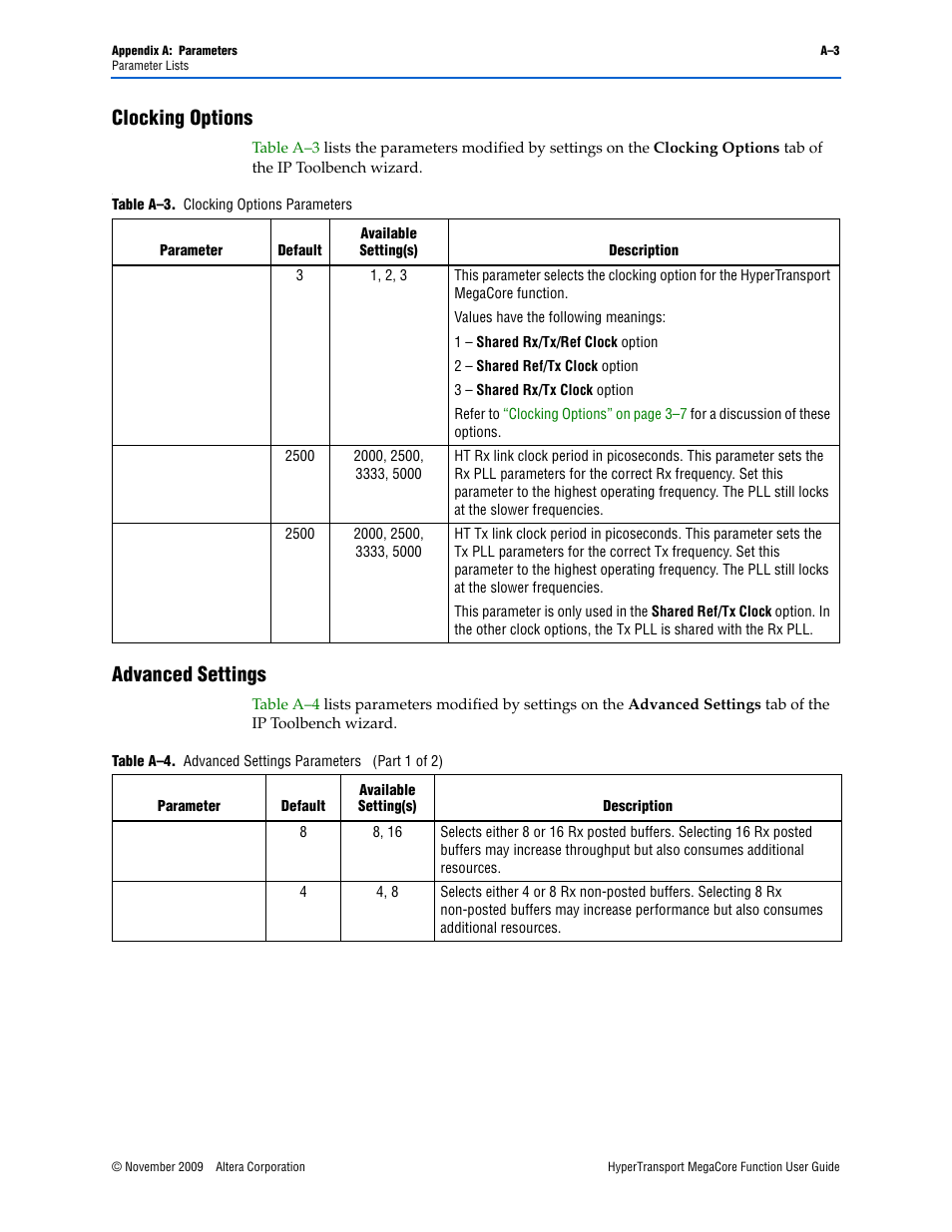 Clocking options, Advanced settings, Table a–4 on | For this walkthr, Refer to, Ough, Table a–4 | Altera HyperTransport MegaCore Function User Manual | Page 69 / 76