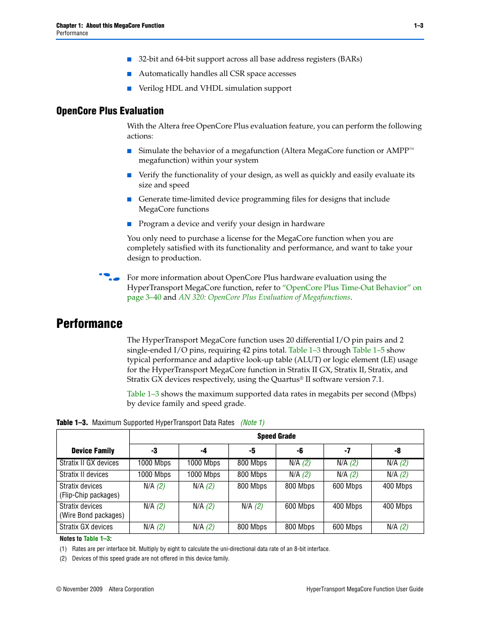 Opencore plus evaluation, Performance, Opencore plus evaluation –3 | Performance –3 | Altera HyperTransport MegaCore Function User Manual | Page 7 / 76