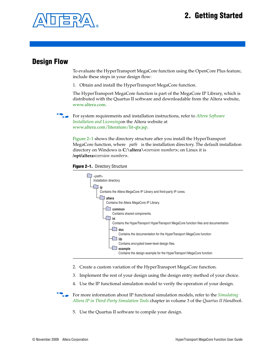 Getting started, Design flow, Chapter 2. getting started | Design flow –1 | Altera HyperTransport MegaCore Function User Manual | Page 9 / 76