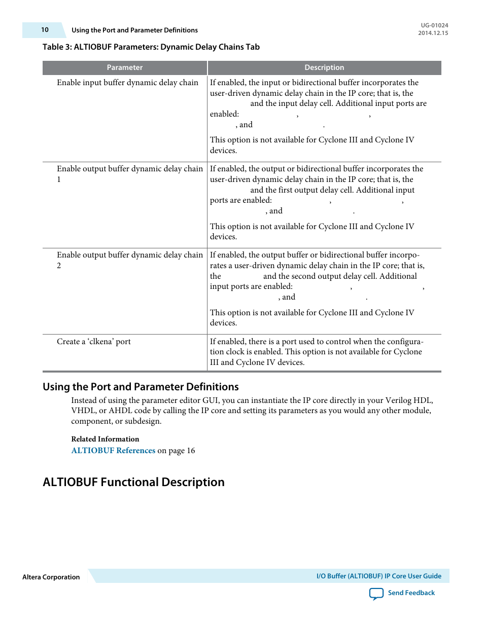 Using the port and parameter definitions, Altiobuf functional description | Altera I/O Buffer (ALTIOBUF) IP Core User Manual | Page 10 / 30