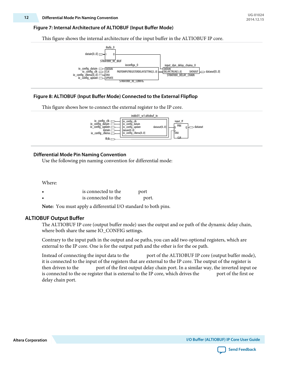 Differential mode pin naming convention, Altiobuf output buffer, Where | Is connected to the, Port, Port of the first oe delay chain port | Altera I/O Buffer (ALTIOBUF) IP Core User Manual | Page 12 / 30