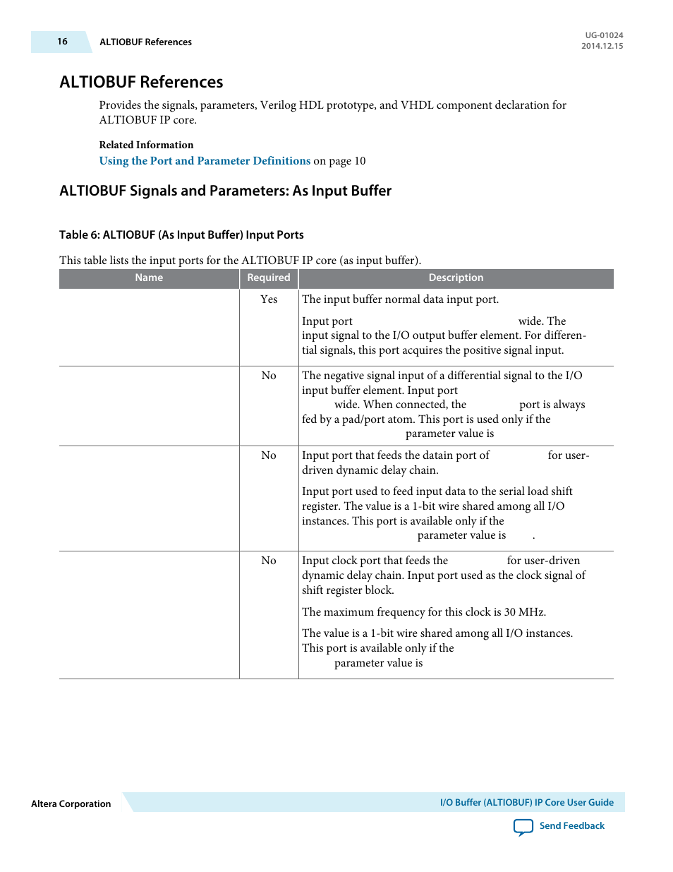Altiobuf references, Altiobuf signals and parameters: as input buffer | Altera I/O Buffer (ALTIOBUF) IP Core User Manual | Page 16 / 30