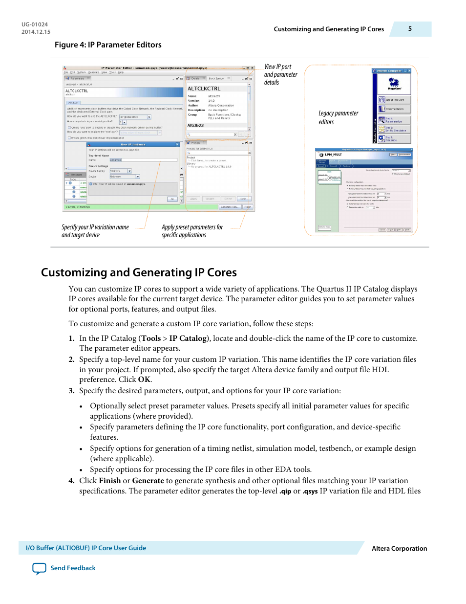 Customizing and generating ip cores | Altera I/O Buffer (ALTIOBUF) IP Core User Manual | Page 5 / 30
