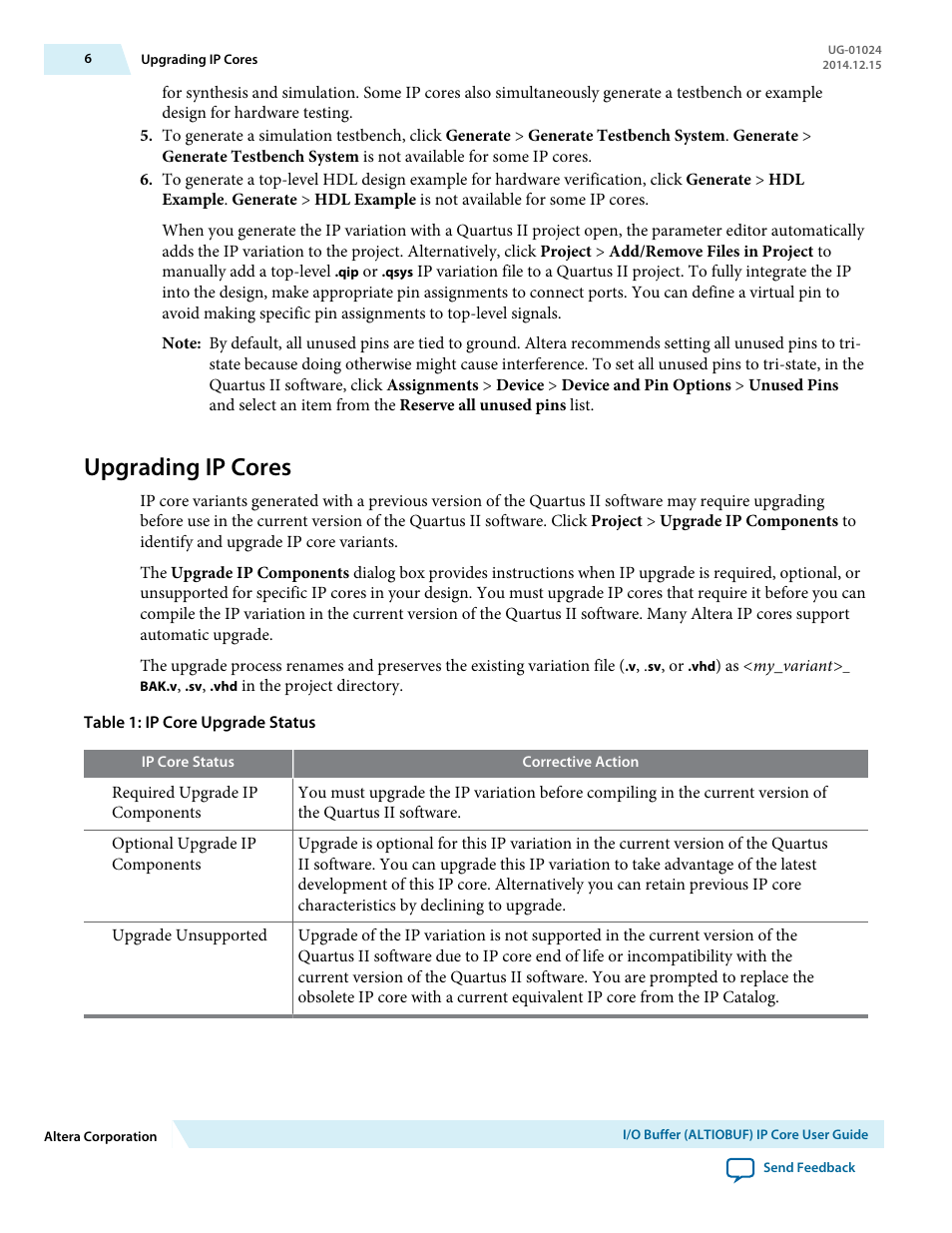 Upgrading ip cores | Altera I/O Buffer (ALTIOBUF) IP Core User Manual | Page 6 / 30
