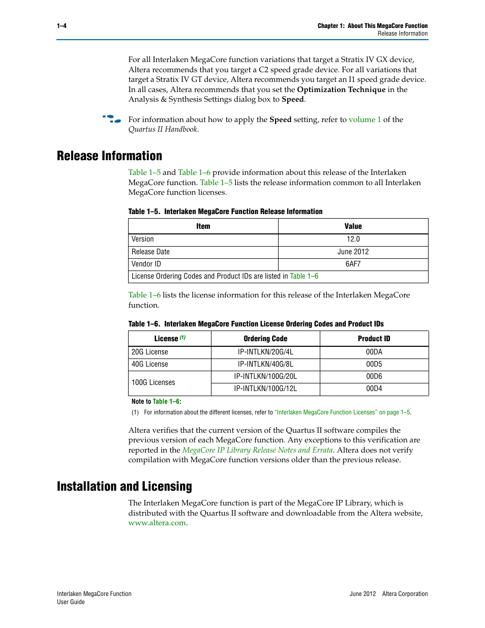 Release information, Installation and licensing | Altera Interlaken MegaCore Function User Manual | Page 10 / 90