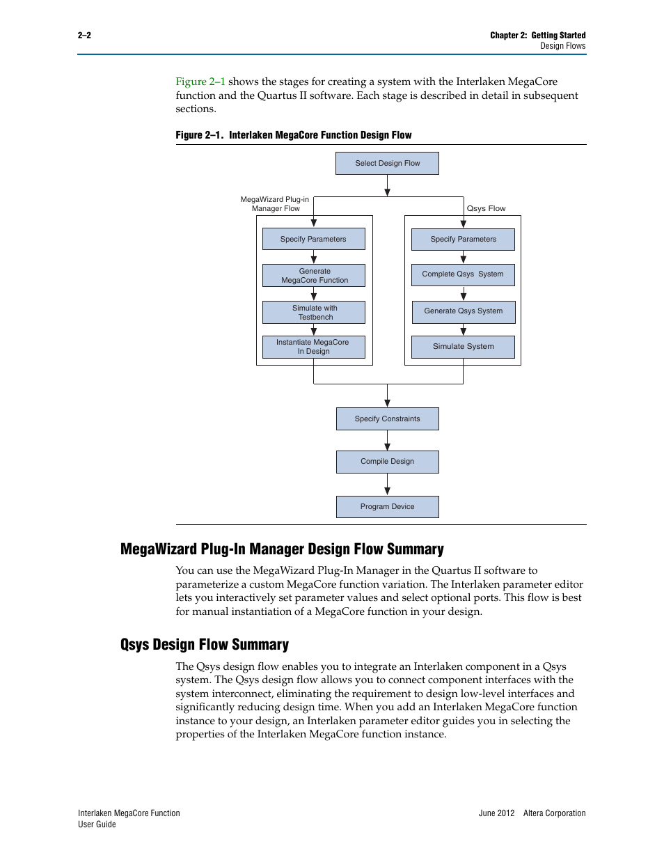 Megawizard plug-in manager design flow summary, Qsys design flow summary | Altera Interlaken MegaCore Function User Manual | Page 14 / 90