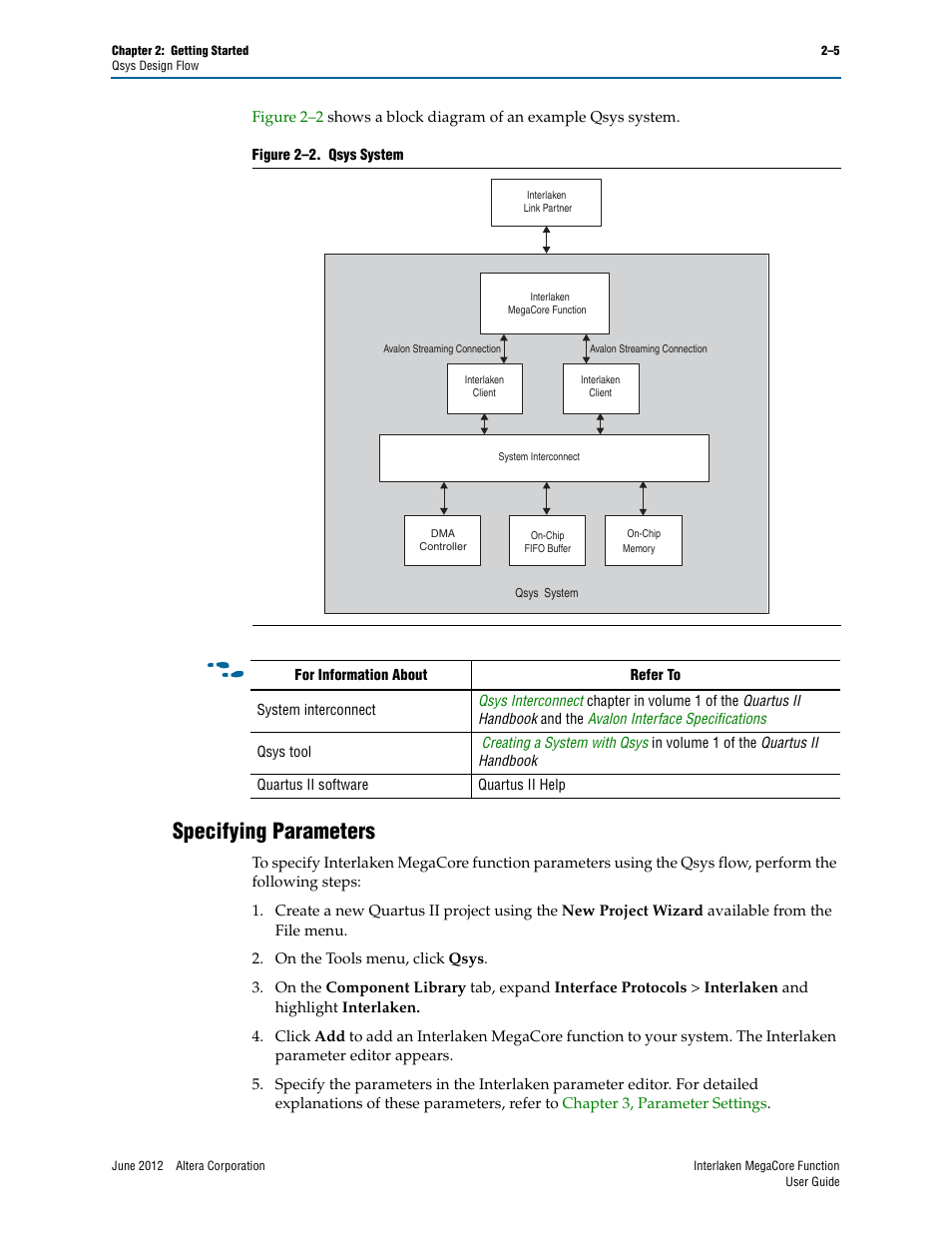 Specifying parameters, Specifying parameters –5 | Altera Interlaken MegaCore Function User Manual | Page 17 / 90