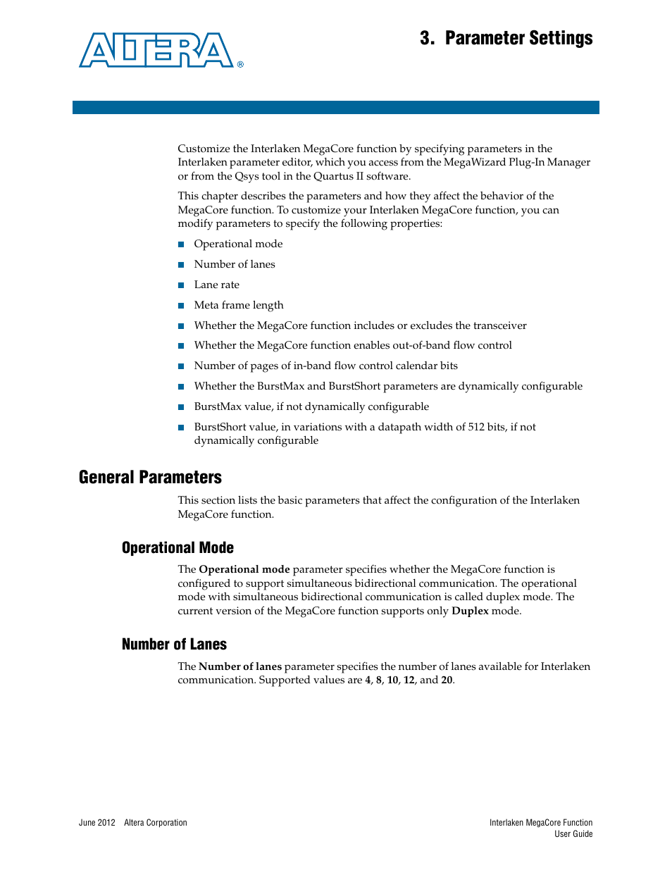 Parameter settings, General parameters, Operational mode | Number of lanes, Chapter 3. parameter settings, General parameters –1, Operational mode –1 number of lanes –1 | Altera Interlaken MegaCore Function User Manual | Page 23 / 90
