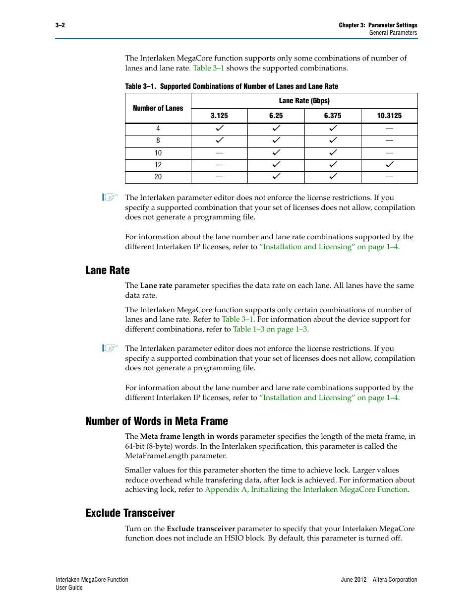 Lane rate, Number of words in meta frame, Exclude transceiver | Altera Interlaken MegaCore Function User Manual | Page 24 / 90