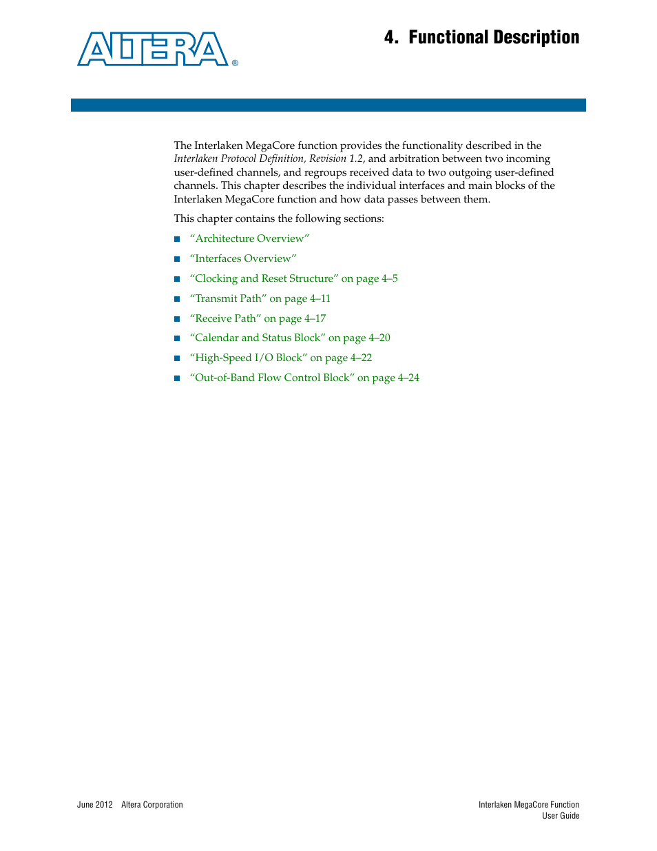 Functional description, Chapter 4. functional description | Altera Interlaken MegaCore Function User Manual | Page 27 / 90