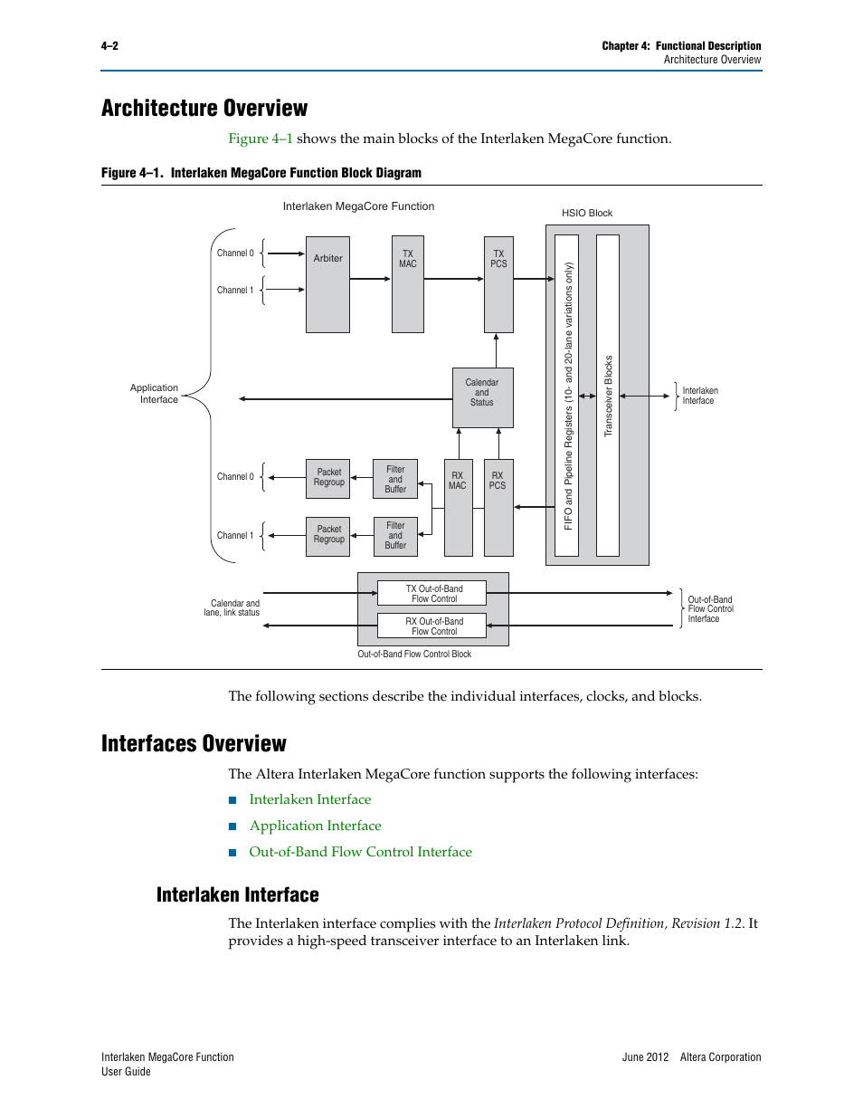 Architecture overview, Interfaces overview, Interlaken interface | Architecture overview –2 interfaces overview –2, Interlaken interface –2, Application interface, Out-of-band flow control interface | Altera Interlaken MegaCore Function User Manual | Page 28 / 90