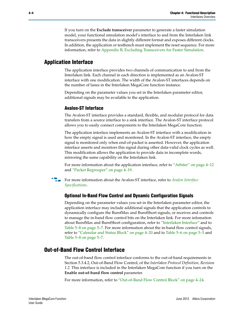 Application interface, Avalon-st interface, Out-of-band flow control interface | Application interface –4, Out-of-band flow control interface –4 | Altera Interlaken MegaCore Function User Manual | Page 30 / 90