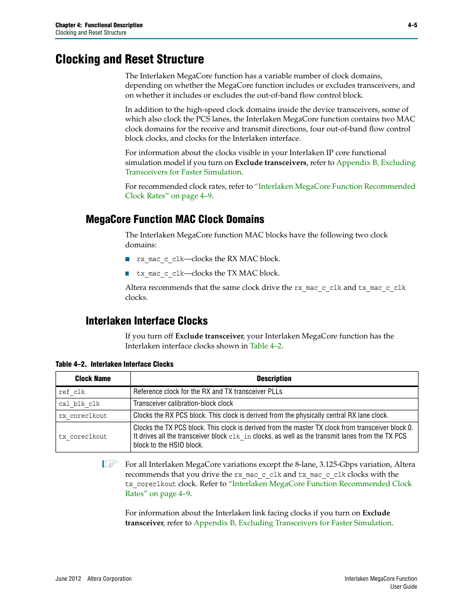 Clocking and reset structure, Megacore function mac clock domains, Interlaken interface clocks | Clocking and reset structure –5 | Altera Interlaken MegaCore Function User Manual | Page 31 / 90
