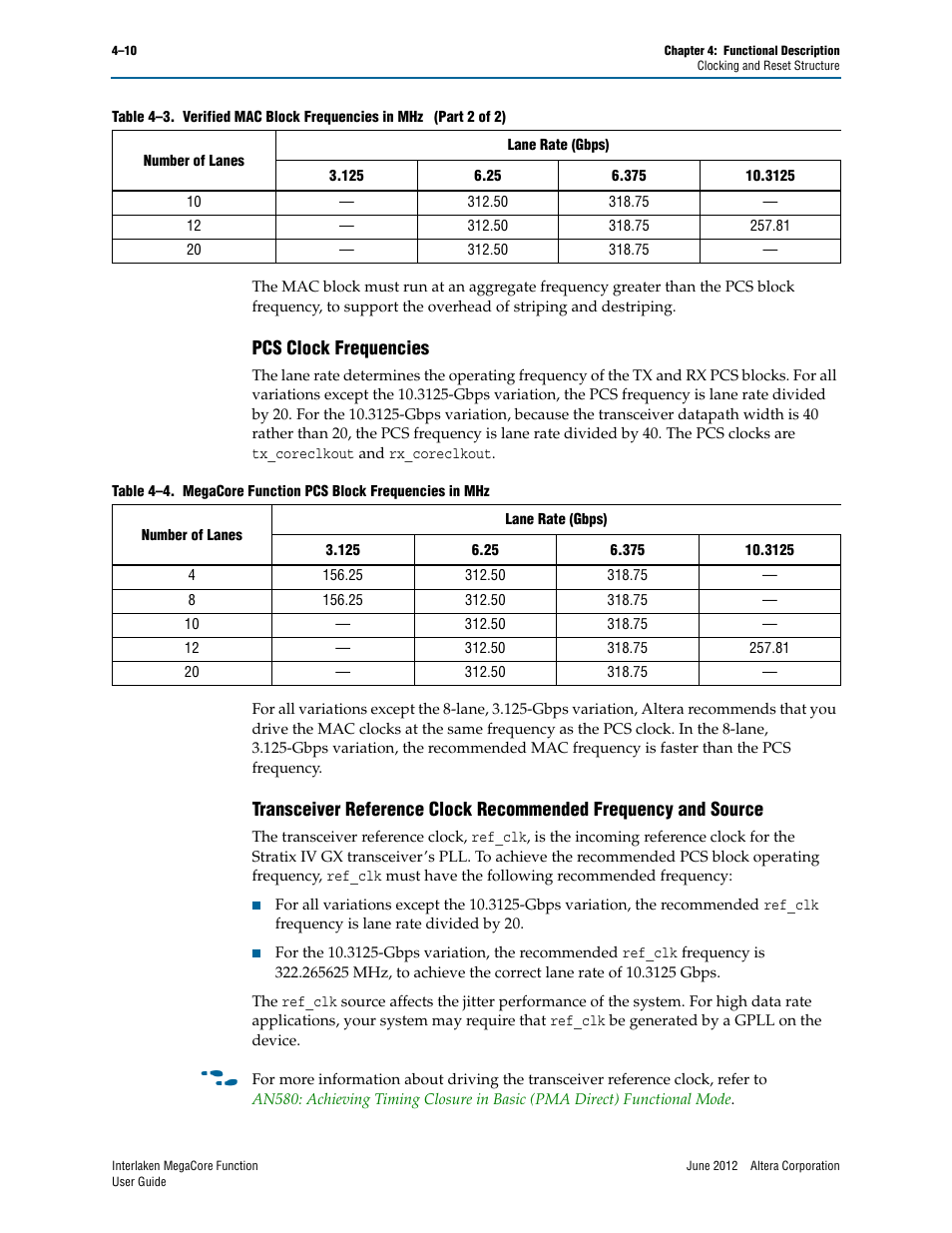 Pcs clock frequencies | Altera Interlaken MegaCore Function User Manual | Page 36 / 90