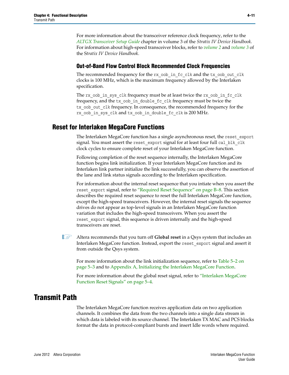 Reset for interlaken megacore functions, Transmit path, Reset for interlaken megacore functions –11 | Transmit path –11 | Altera Interlaken MegaCore Function User Manual | Page 37 / 90