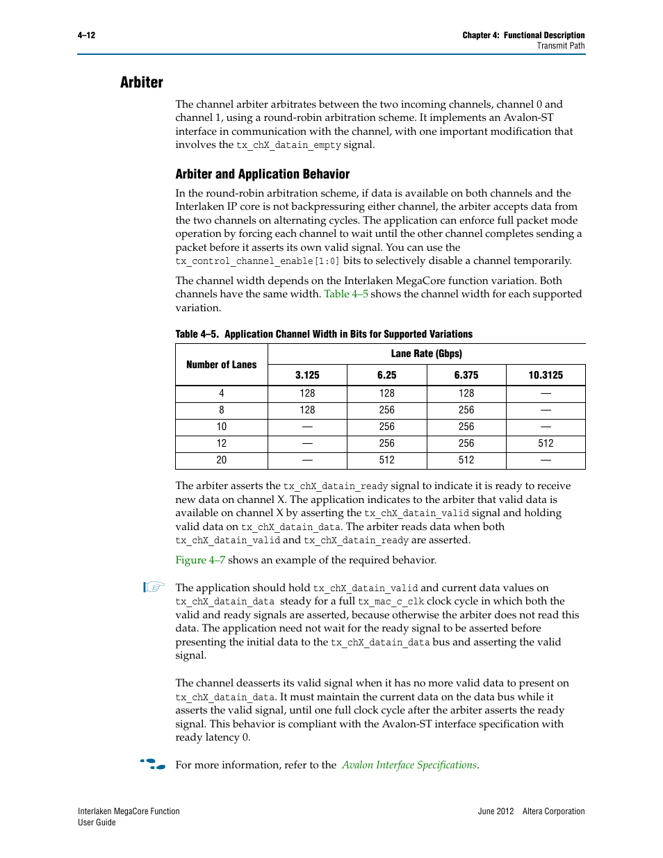 Arbiter, Arbiter and application behavior, Arbiter –12 | Arbiter and application behavior –12 | Altera Interlaken MegaCore Function User Manual | Page 38 / 90