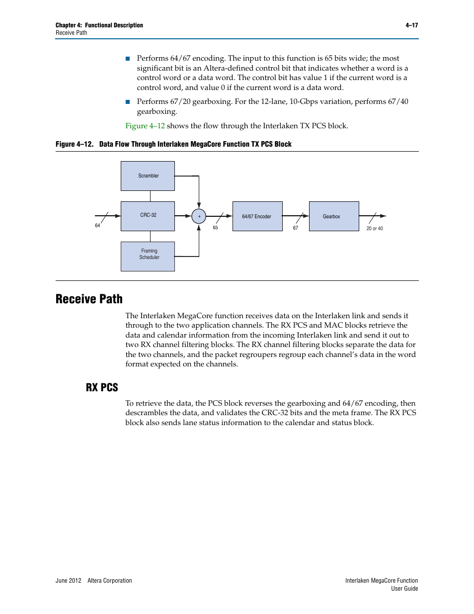 Receive path, Rx pcs, Receive path –17 | Rx pcs –17 | Altera Interlaken MegaCore Function User Manual | Page 43 / 90