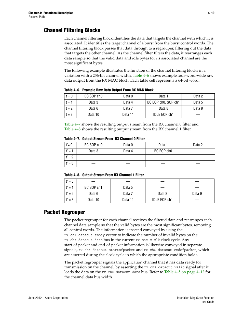 Channel filtering blocks, Packet regrouper, Channel filtering blocks –19 packet regrouper –19 | Altera Interlaken MegaCore Function User Manual | Page 45 / 90