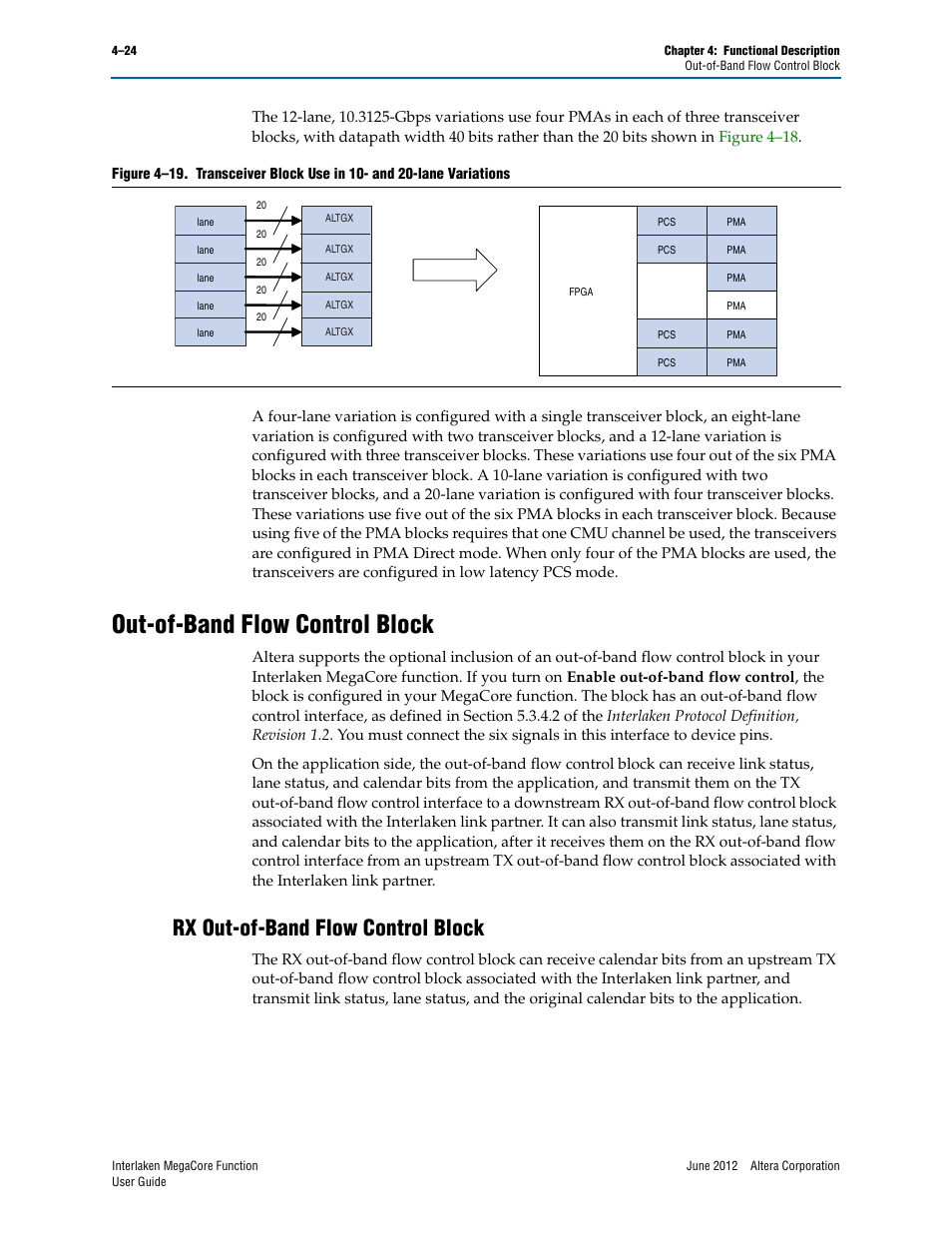 Out-of-band flow control block, Rx out-of-band flow control block, Out-of-band flow control block –24 | Rx out-of-band flow control block –24, Out-of-band, Figure 4–19 | Altera Interlaken MegaCore Function User Manual | Page 50 / 90