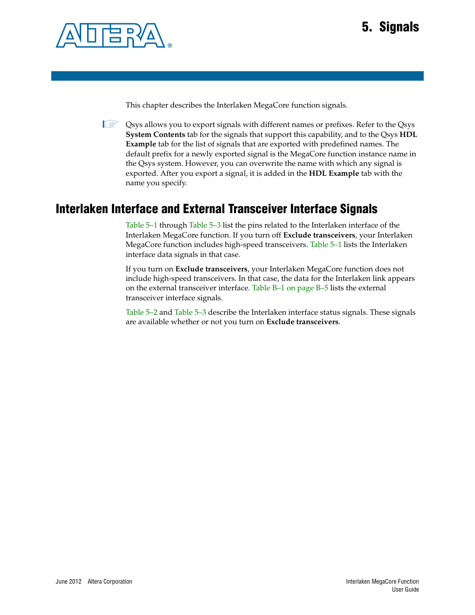 Signals, Chapter 5. signals | Altera Interlaken MegaCore Function User Manual | Page 53 / 90