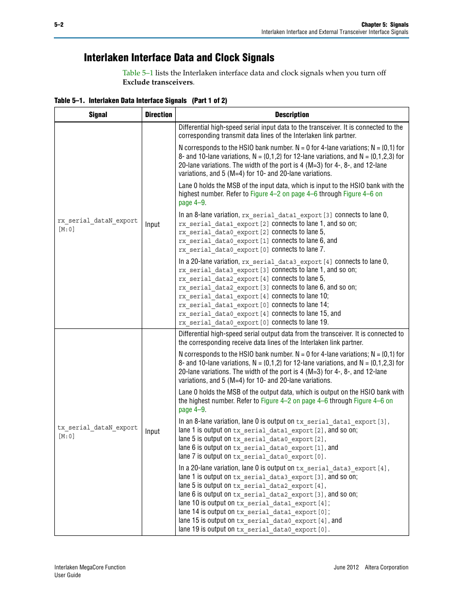 Interlaken interface data and clock signals, Interlaken interface data and clock signals –2, Table 5–1 | Altera Interlaken MegaCore Function User Manual | Page 54 / 90