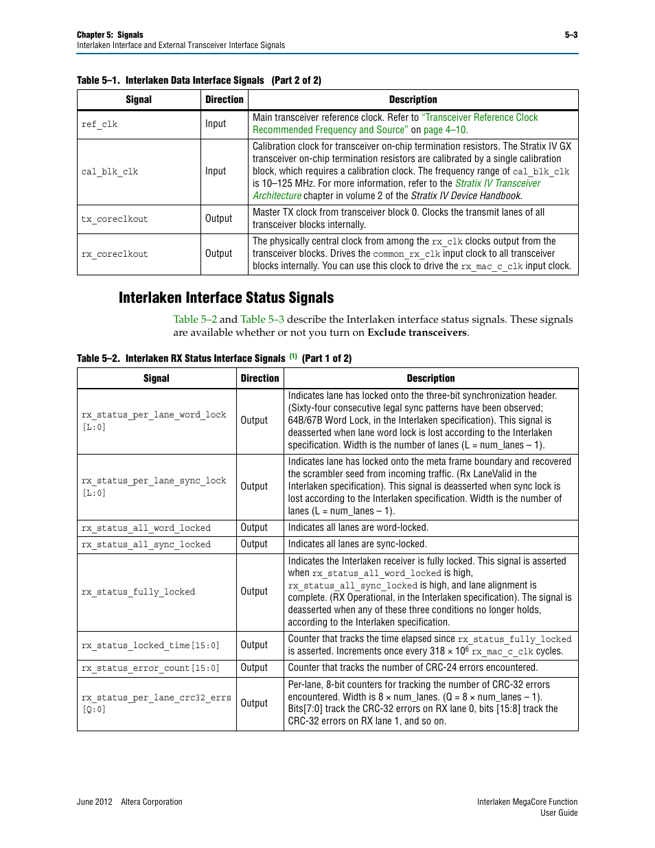 Interlaken interface status signals, Interlaken interface status signals –3, Table 5–2 on | R to, Table 5–2 | Altera Interlaken MegaCore Function User Manual | Page 55 / 90