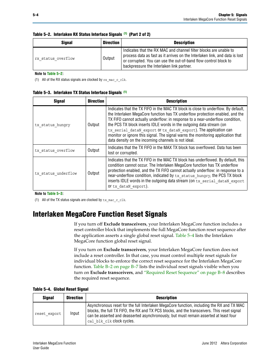 Interlaken megacore function reset signals, Interlaken megacore function reset signals –4, Interlaken megacore | Table 5–3 | Altera Interlaken MegaCore Function User Manual | Page 56 / 90