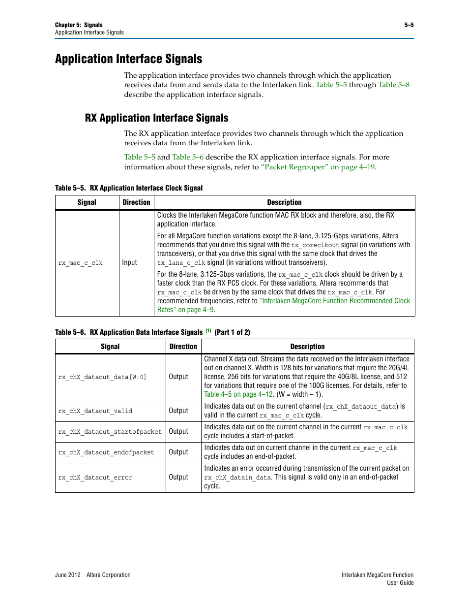 Application interface signals, Rx application interface signals, Application interface signals –5 | Rx application interface signals –5, Fer to, Rx application | Altera Interlaken MegaCore Function User Manual | Page 57 / 90