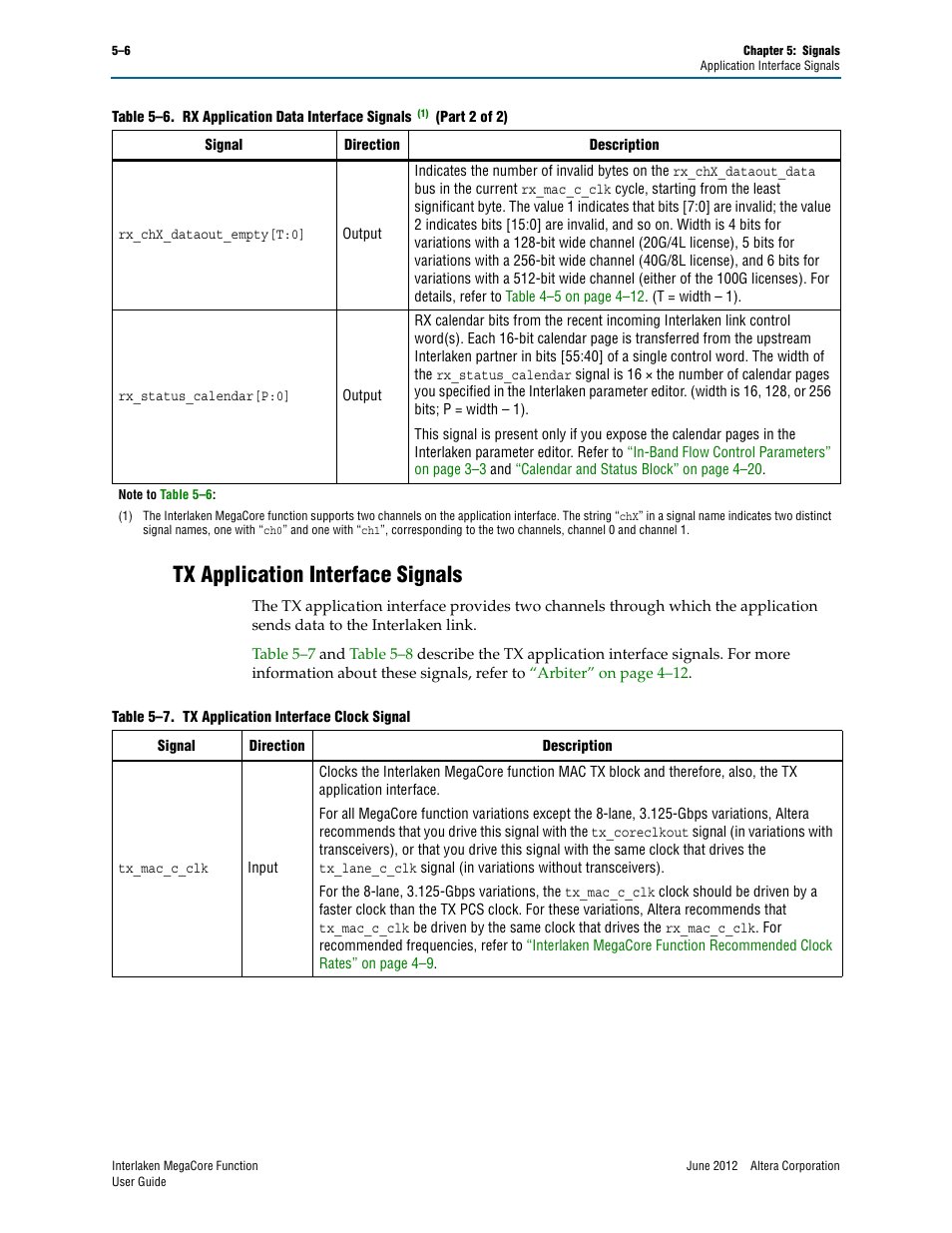 Tx application interface signals, Tx application interface signals –6, Tx application interface | Altera Interlaken MegaCore Function User Manual | Page 58 / 90