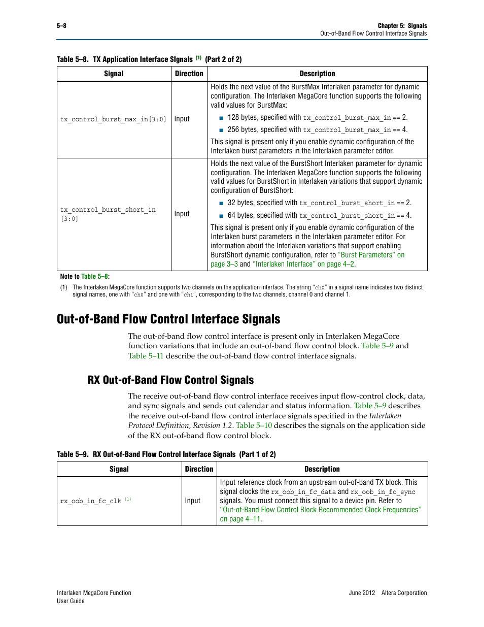 Out-of-band flow control interface signals, Rx out-of-band flow control signals, Out-of-band flow control interface signals –8 | Rx out-of-band flow control signals –8 | Altera Interlaken MegaCore Function User Manual | Page 60 / 90