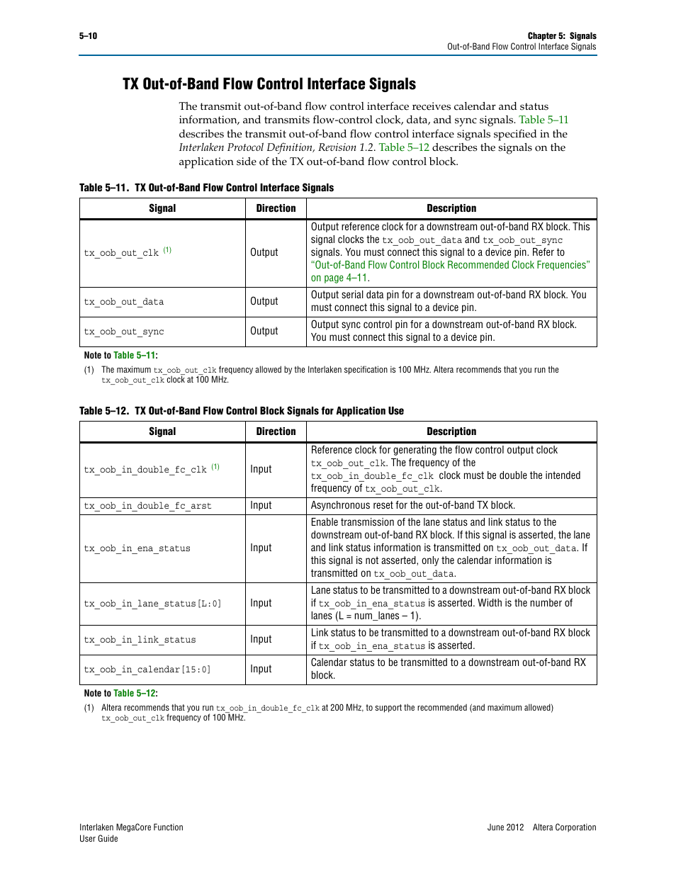 Tx out-of-band flow control interface signals, Tx out-of-band flow control interface signals –10, Table 5–11 | Altera Interlaken MegaCore Function User Manual | Page 62 / 90