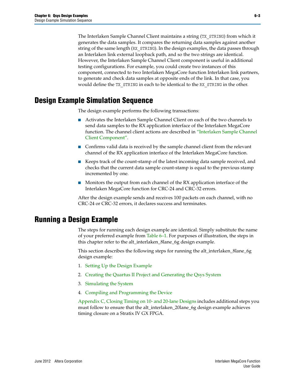 Design example simulation sequence, Running a design example | Altera Interlaken MegaCore Function User Manual | Page 65 / 90
