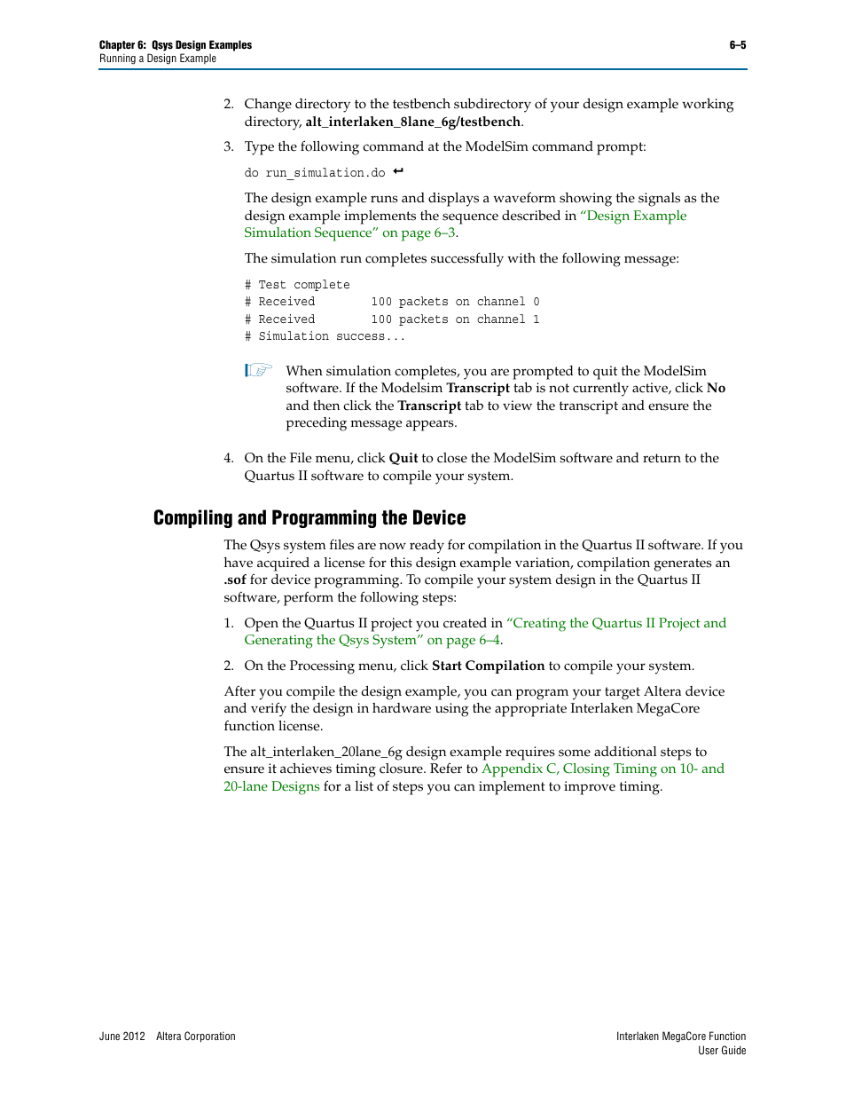 Compiling and programming the device, Compiling and programming the device –5 | Altera Interlaken MegaCore Function User Manual | Page 67 / 90