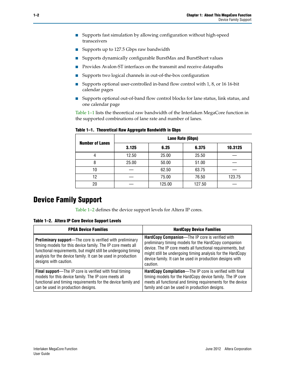 Device family support, Device family support –2 | Altera Interlaken MegaCore Function User Manual | Page 8 / 90