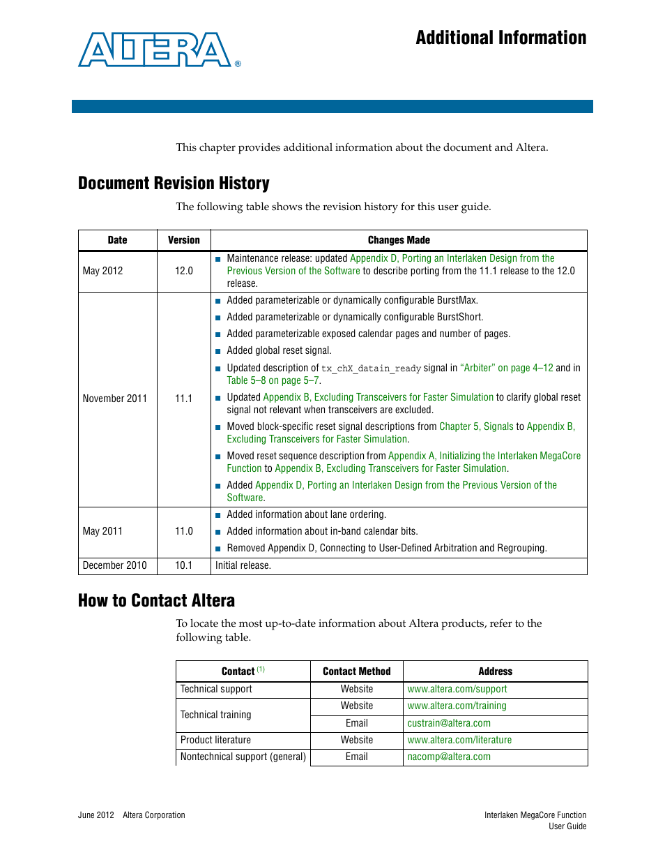 Additional information, Document revision history, How to contact altera | Altera Interlaken MegaCore Function User Manual | Page 87 / 90
