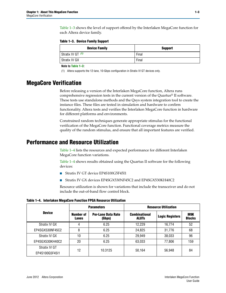 Megacore verification, Performance and resource utilization | Altera Interlaken MegaCore Function User Manual | Page 9 / 90