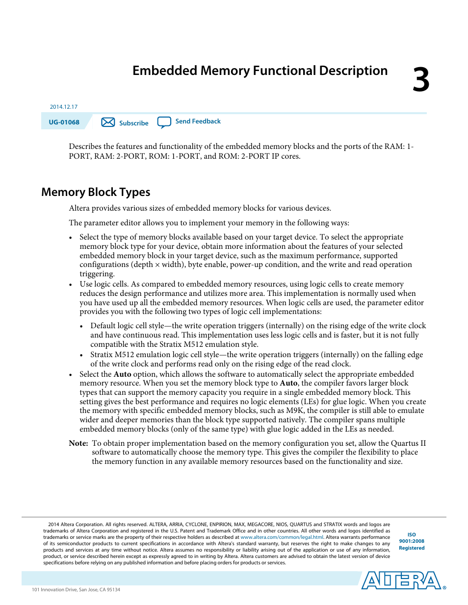 Embedded memory functional description, Memory block types, Embedded memory functional description -1 | Memory block types -1 | Altera Internal Memory (RAM and ROM) IP Core User Manual | Page 11 / 57