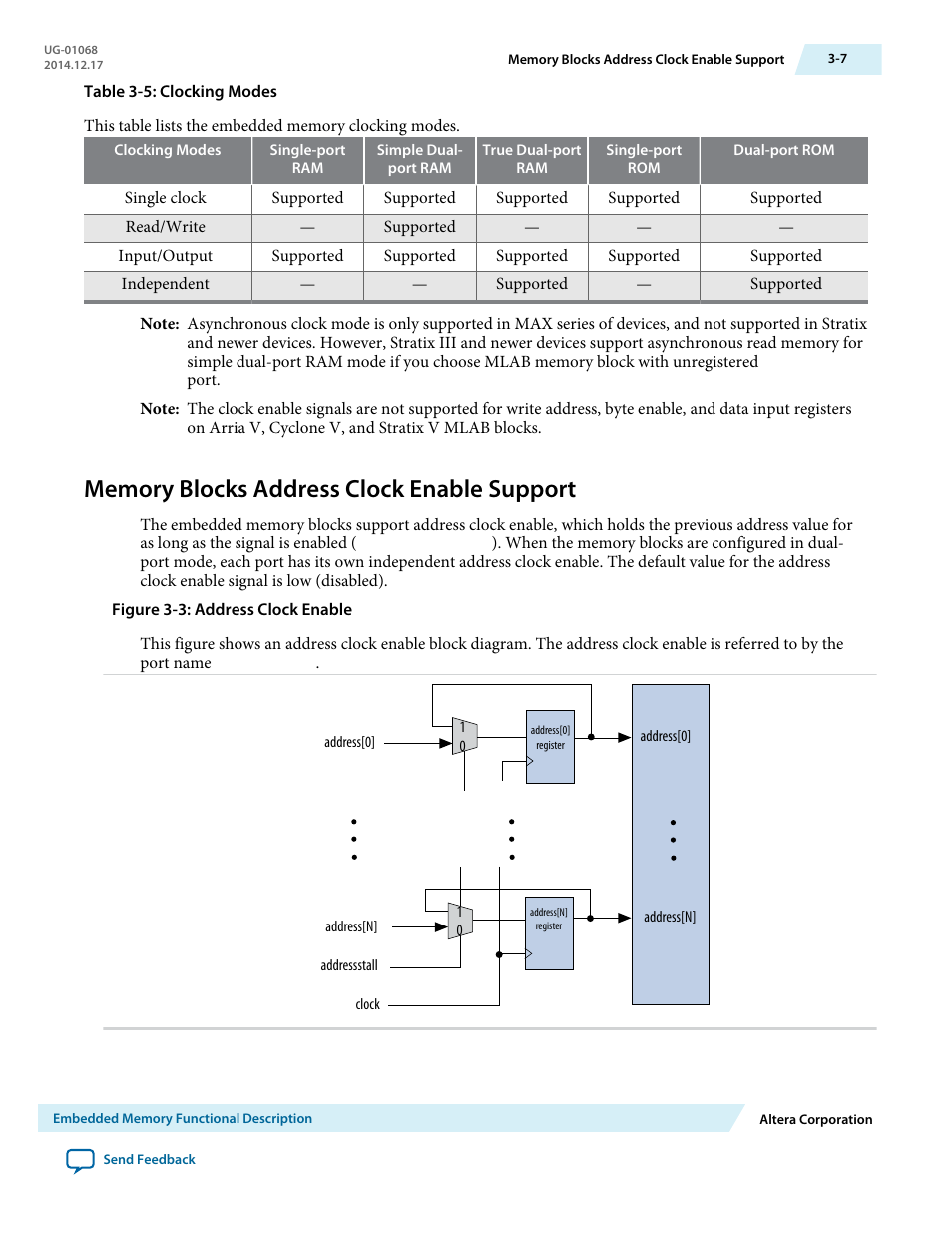 Memory blocks address clock enable support, Memory blocks address clock enable support -7 | Altera Internal Memory (RAM and ROM) IP Core User Manual | Page 17 / 57