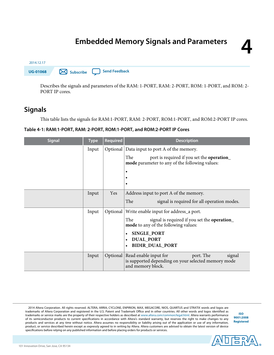 Embedded memory signals and parameters, Signals, Embedded memory signals and parameters -1 | Signals -1 | Altera Internal Memory (RAM and ROM) IP Core User Manual | Page 26 / 57
