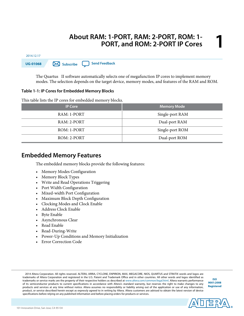 Embedded memory features, Ip cores -1, Embedded memory features -1 | Altera Internal Memory (RAM and ROM) IP Core User Manual | Page 4 / 57