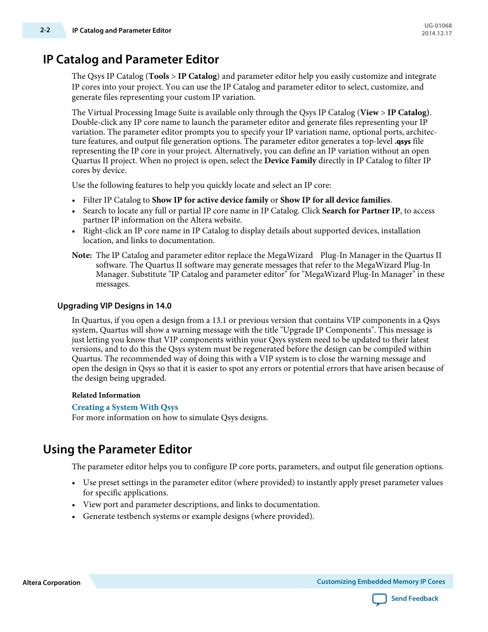 Ip catalog and parameter editor, Using the parameter editor, Ip catalog and parameter editor -2 | Using the parameter editor -2 | Altera Internal Memory (RAM and ROM) IP Core User Manual | Page 7 / 57