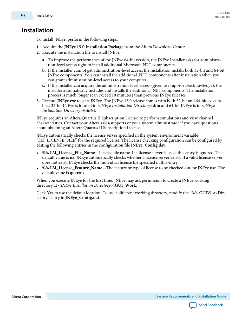 Installation, Installation -2 | Altera JNEye User Manual | Page 5 / 194