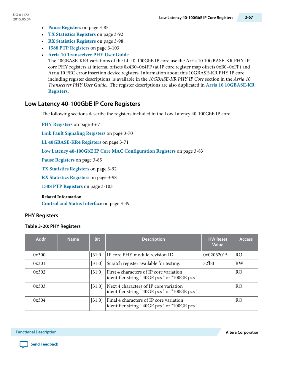 Low latency 40-100gbe ip core registers, Phy registers, Low latency 40-100gbe ip core registers -67 | Altera Low Latency 40-Gbps Ethernet MAC and PHY MegaCore Function User Manual | Page 112 / 196